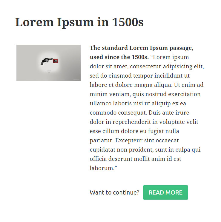 Excerpt with image on left & Custom text before read more button